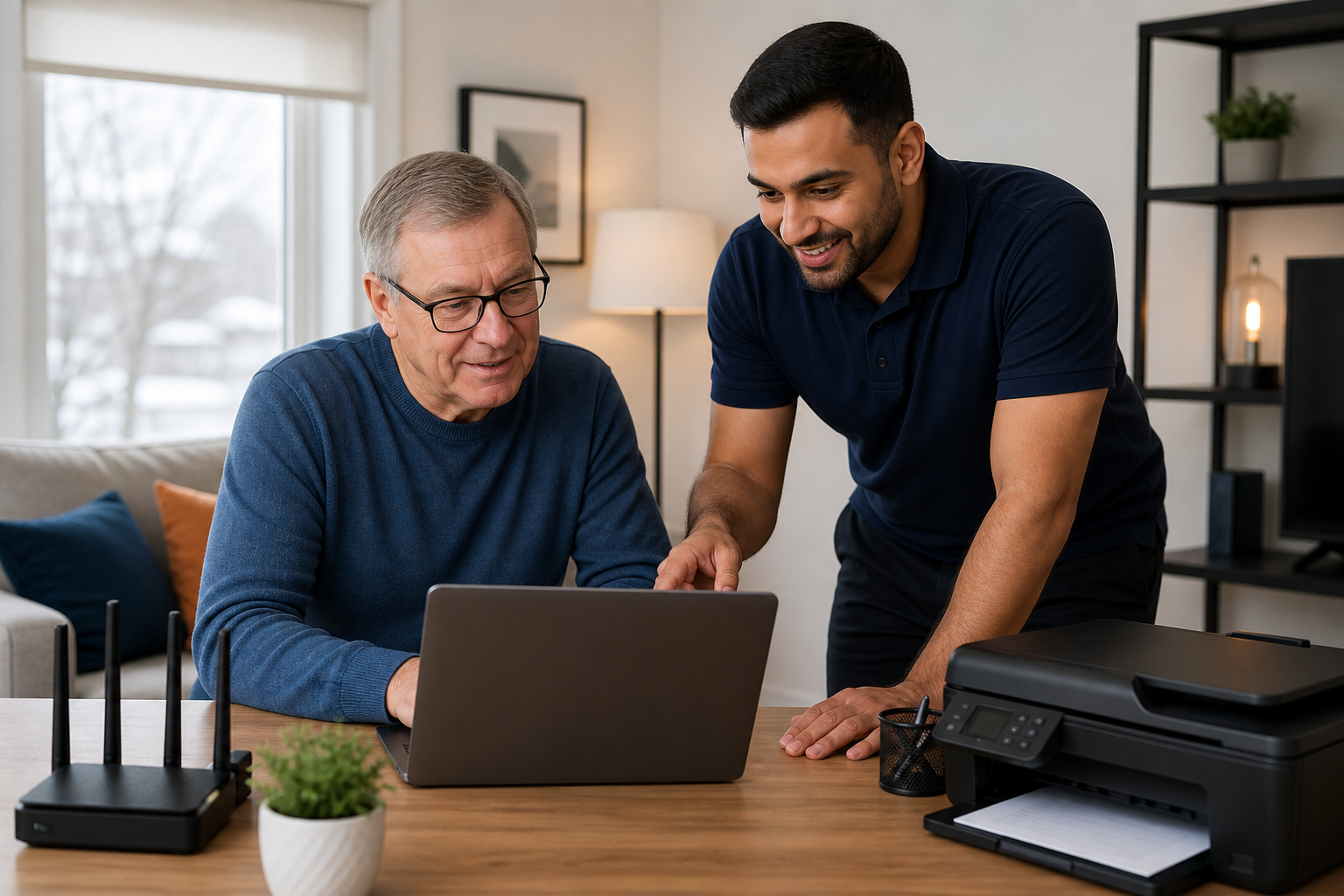 A friendly technician providing on-site IT support in a home office